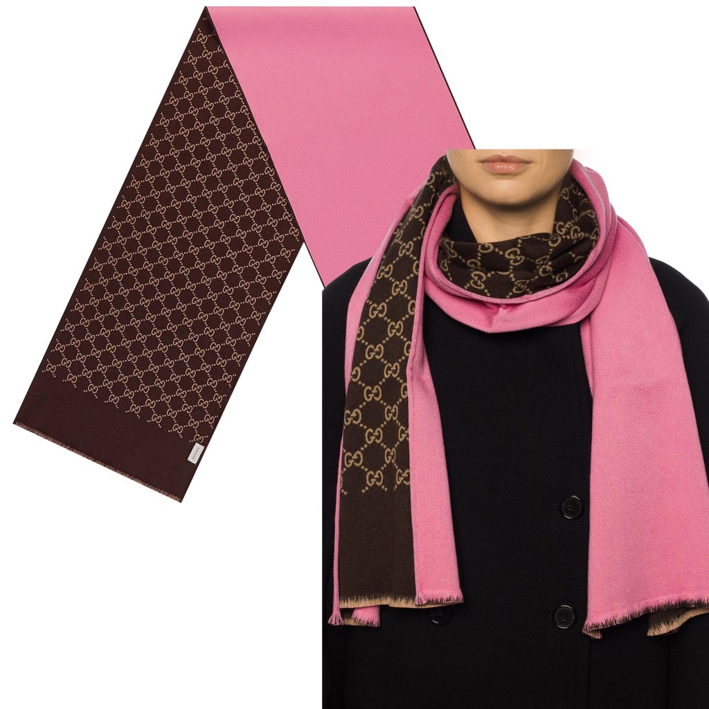 Gucci Scarf Reversible Pink Gg Monogram Logo Wool Silk 71"